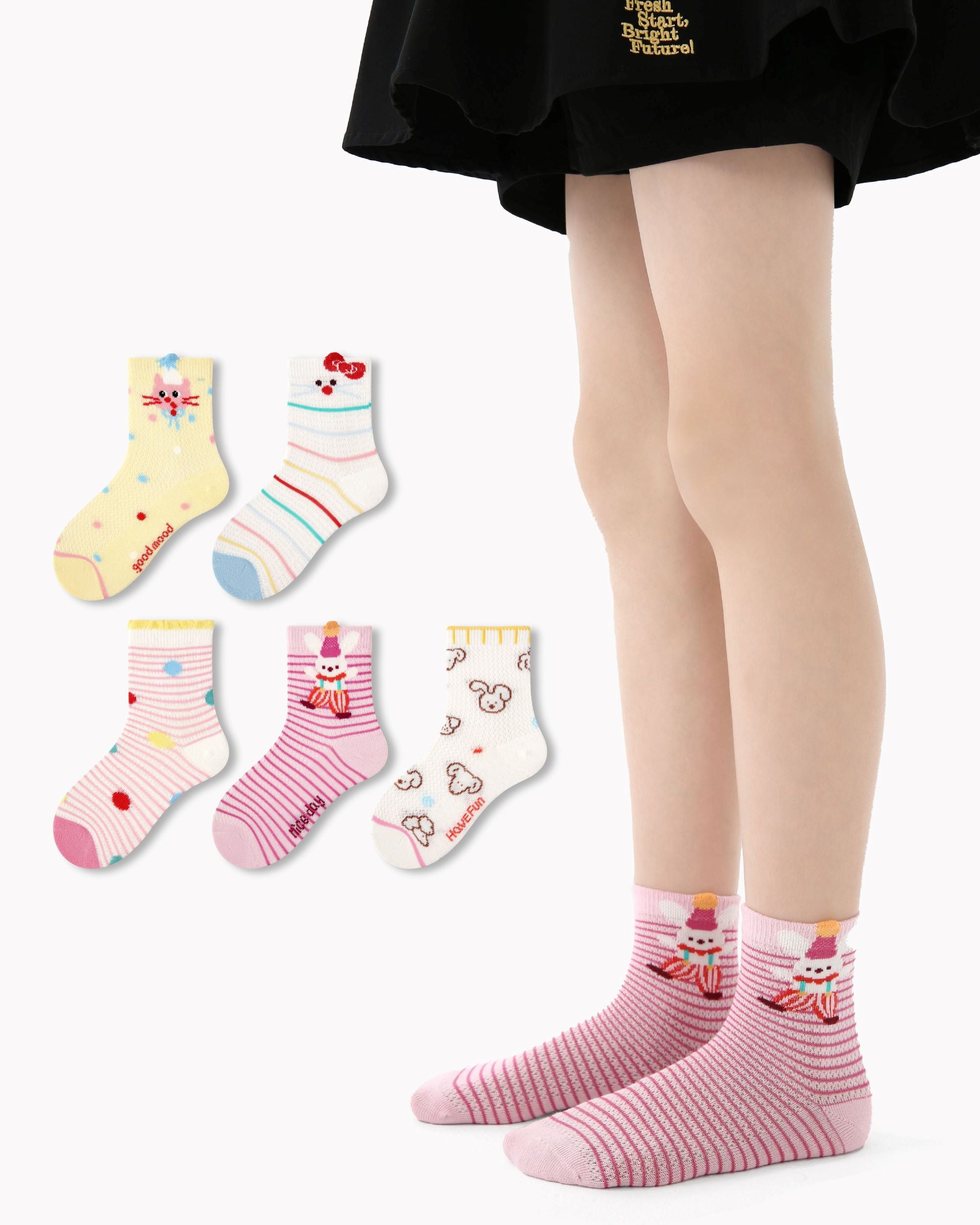 5 Pack Kids Crew Socks Cute Party Mesh Breathable Animal Pattern - SWEET NANA Main image
