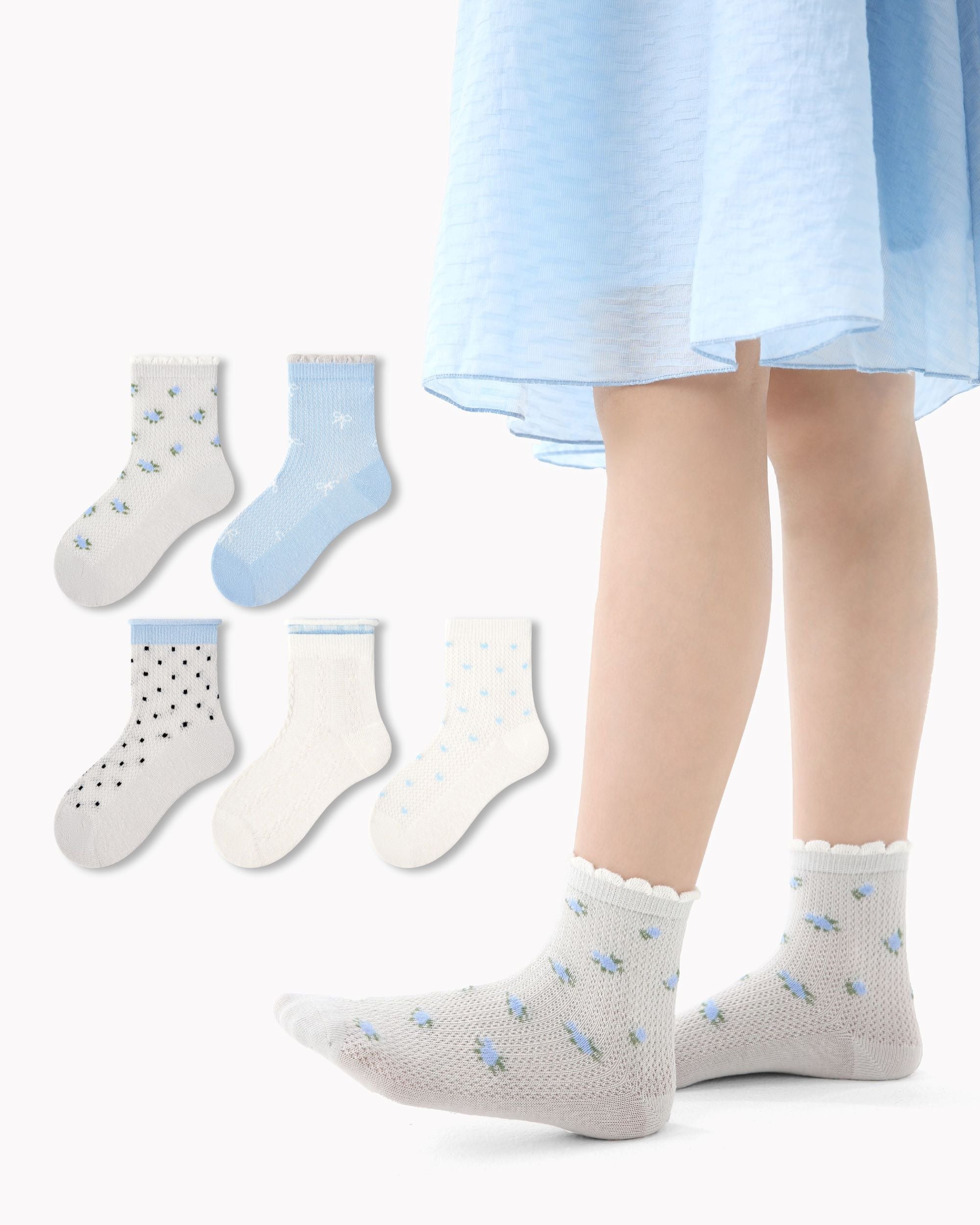 5 Pack Kids Crew Socks Light Blue Flower Language Mesh Breathable - SWEET NANA Main image