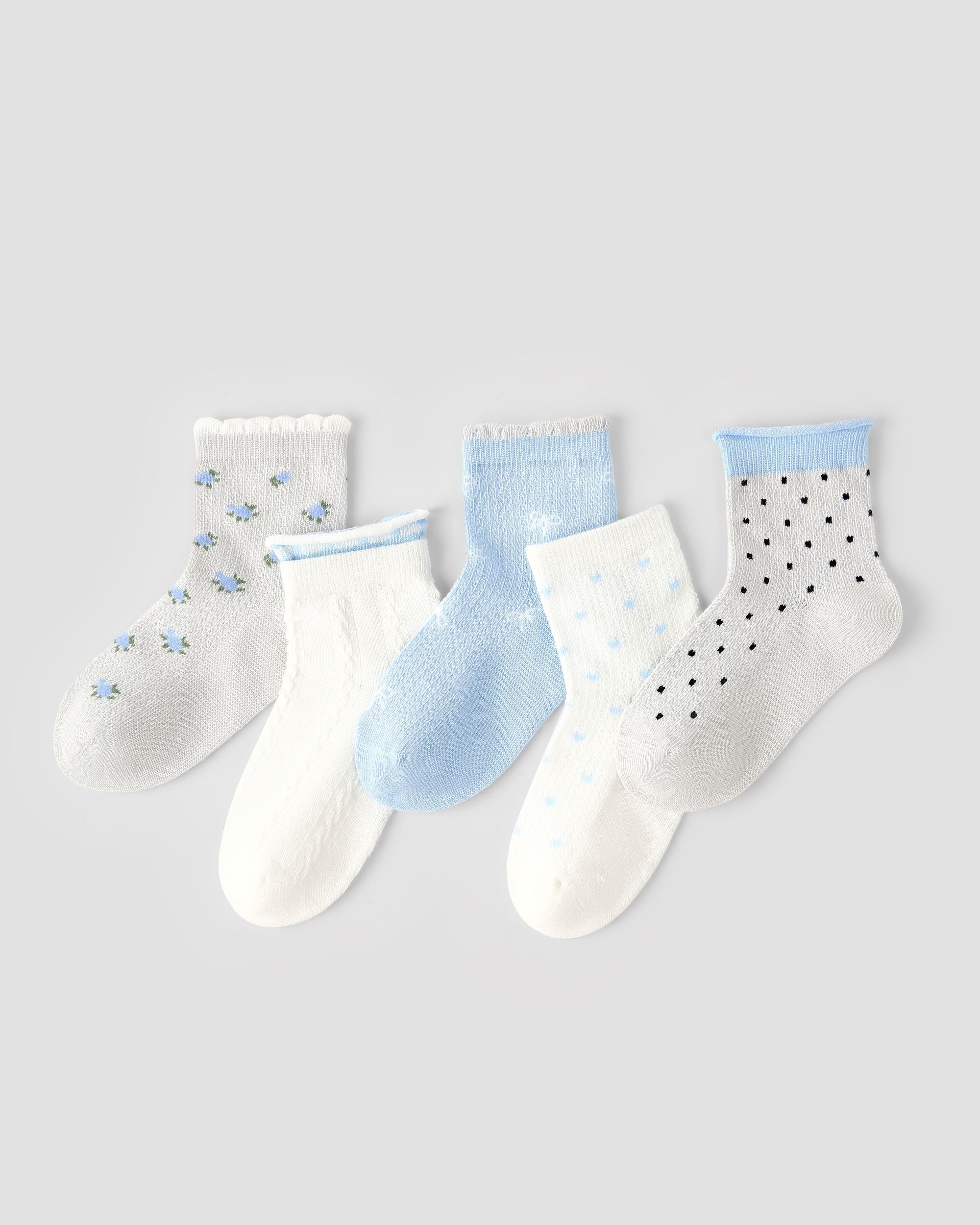 5 Pack Kids Crew Socks Light Blue Flower Language Mesh Breathable