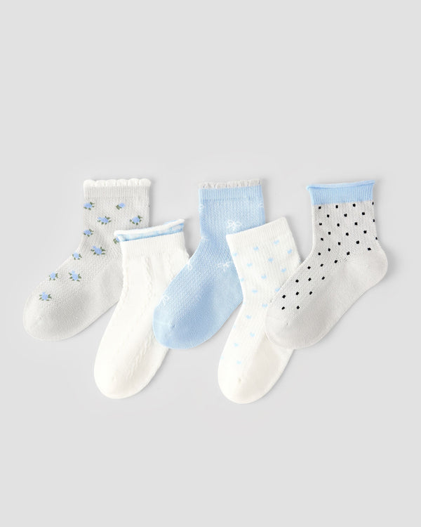 5 Pack Kids Crew Socks Light Blue Flower Language Mesh Breathable - SWEET NANA