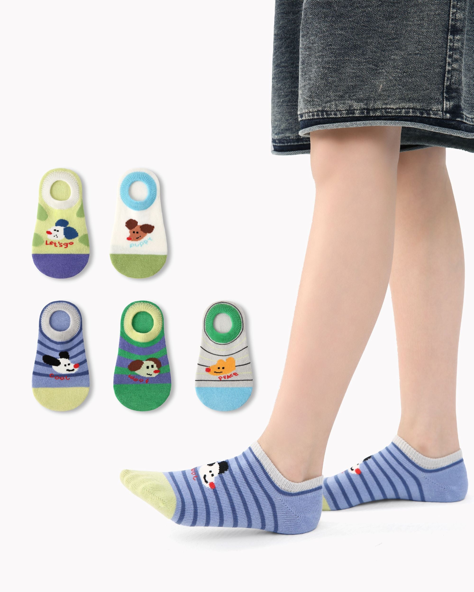 5 Pack Kids No Show Socks Puppy Plan Cute Dog Pattern Playful Socks - SWEET NANA Main image