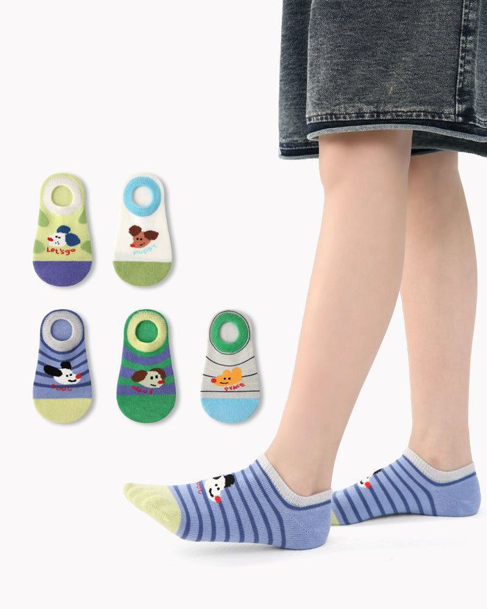5 Pack Kids No Show Socks Puppy Plan Cute Dog Pattern Playful Socks