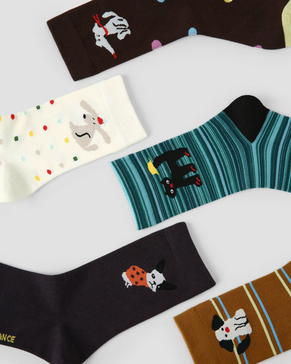 5 Pack Retro Cat and Dog Cotton Crew Socks