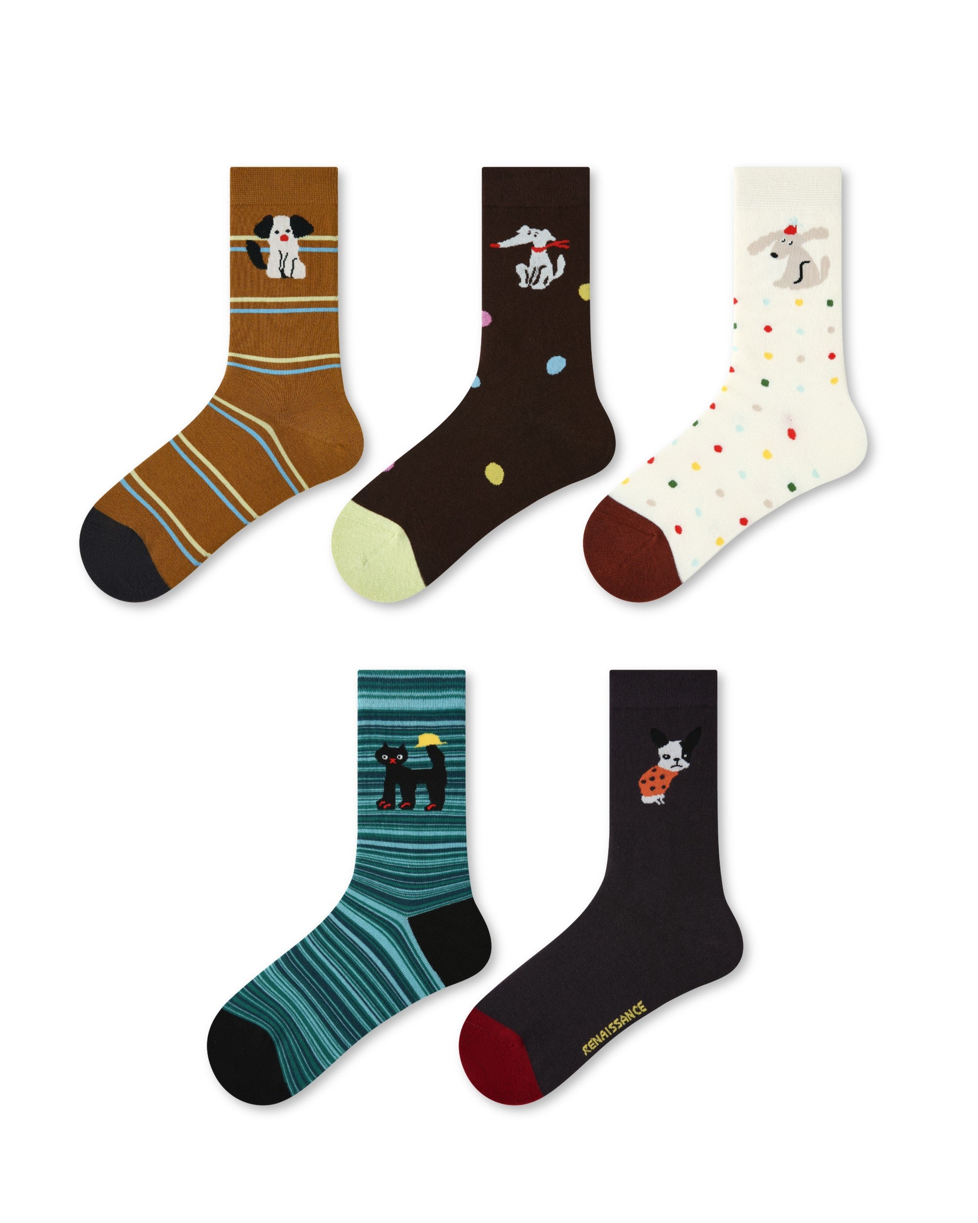 5 Pack Retro Cat and Dog Cotton Crew Socks