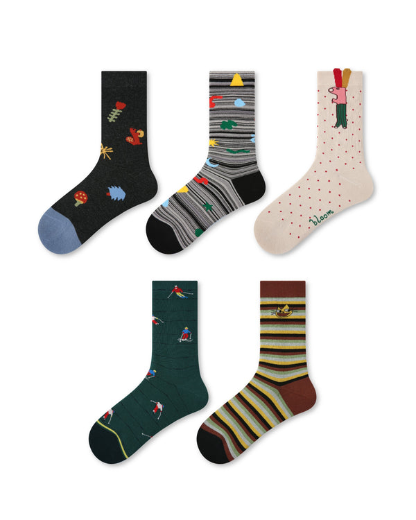 5 Pack Whimsical Cartoon Cotton Crew Socks