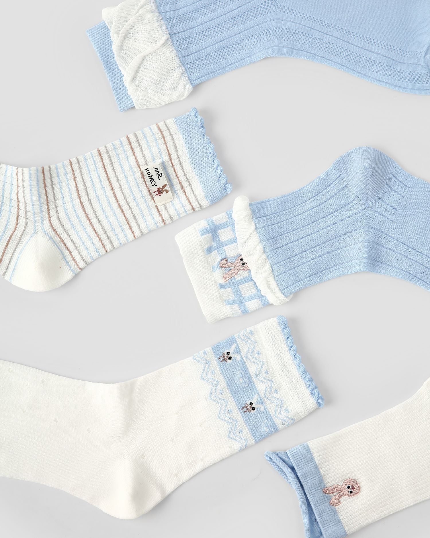 5 Pack Womens Crew Socks Soft Blue Isle Bunny Stripe Lace Rib Cute - SWEET NANA