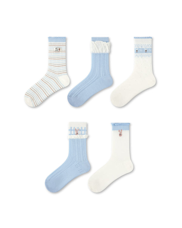 5 Pack Womens Crew Socks Soft Blue Isle Bunny Stripe Lace Rib Cute - SWEET NANA