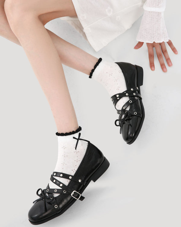 5 Pack Womens Ankle Socks Black White Ruffle Dot Cross Pattern Combed Cotton