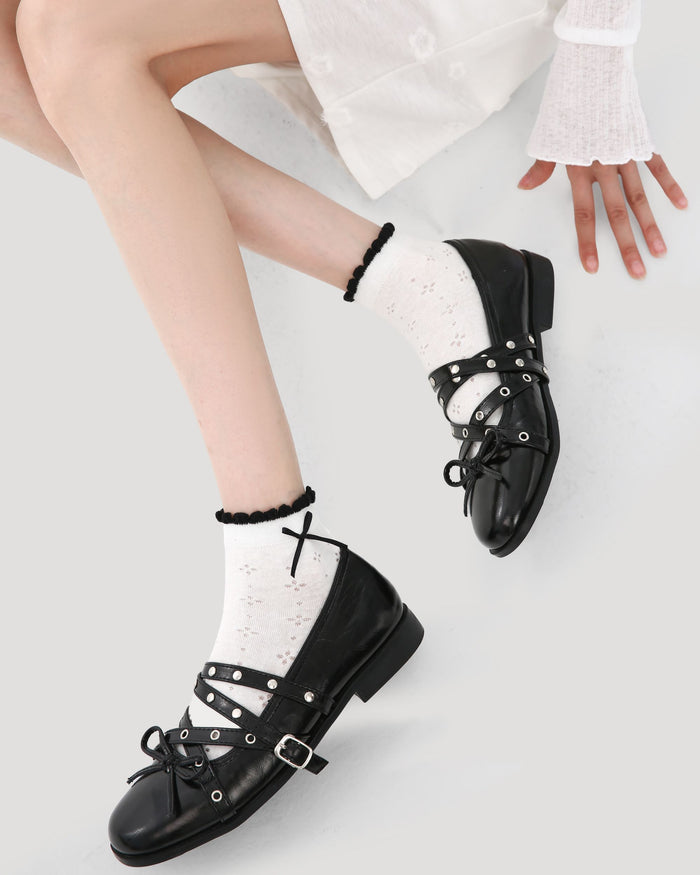 5 Pack Womens Ankle Socks Black White Ruffle Dot Cross Pattern Combed Cotton