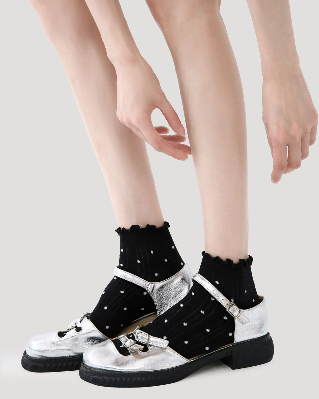 5 Pack Womens Ankle Socks Black White Ruffle Dot Cross Pattern Combed Cotton