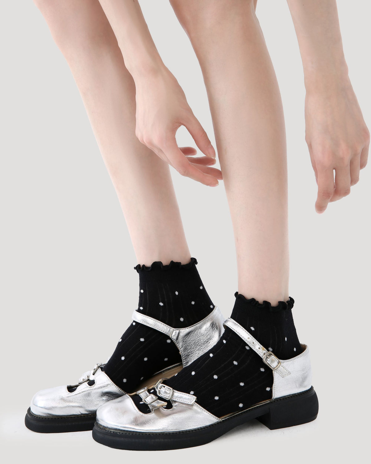 5 Pack Womens Ankle Socks Black White Ruffle Dot Cross Pattern Combed Cotton