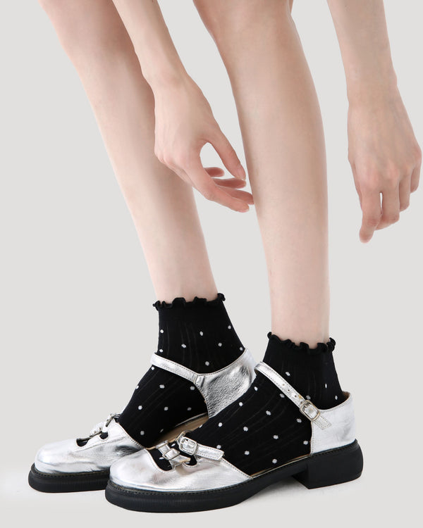 5 Pack Womens Ankle Socks Black White Ruffle Dot Cross Pattern Combed Cotton