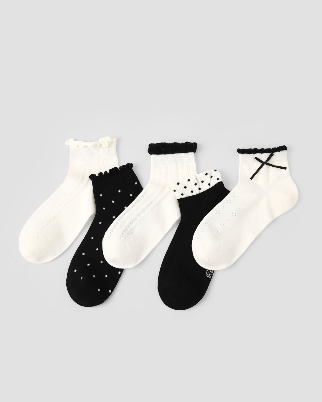 5 Pack Womens Ankle Socks Black White Ruffle Dot Cross Pattern Combed Cotton