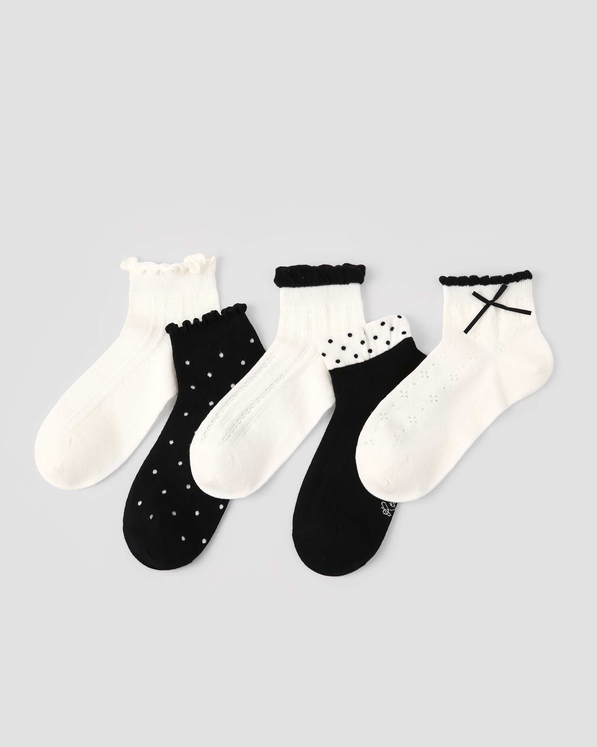 5 Pack Womens Ankle Socks Black White Ruffle Dot Cross Pattern Combed Cotton