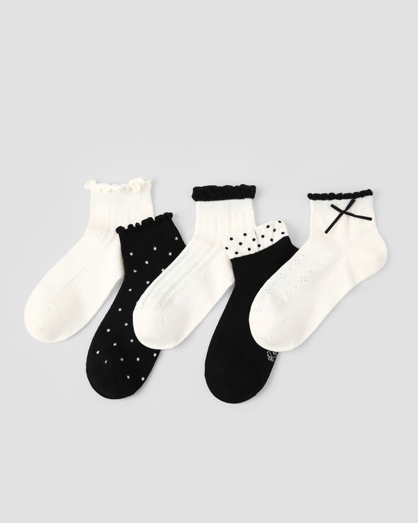 5 Pack Womens Ankle Socks Black White Ruffle Dot Cross Pattern Combed Cotton