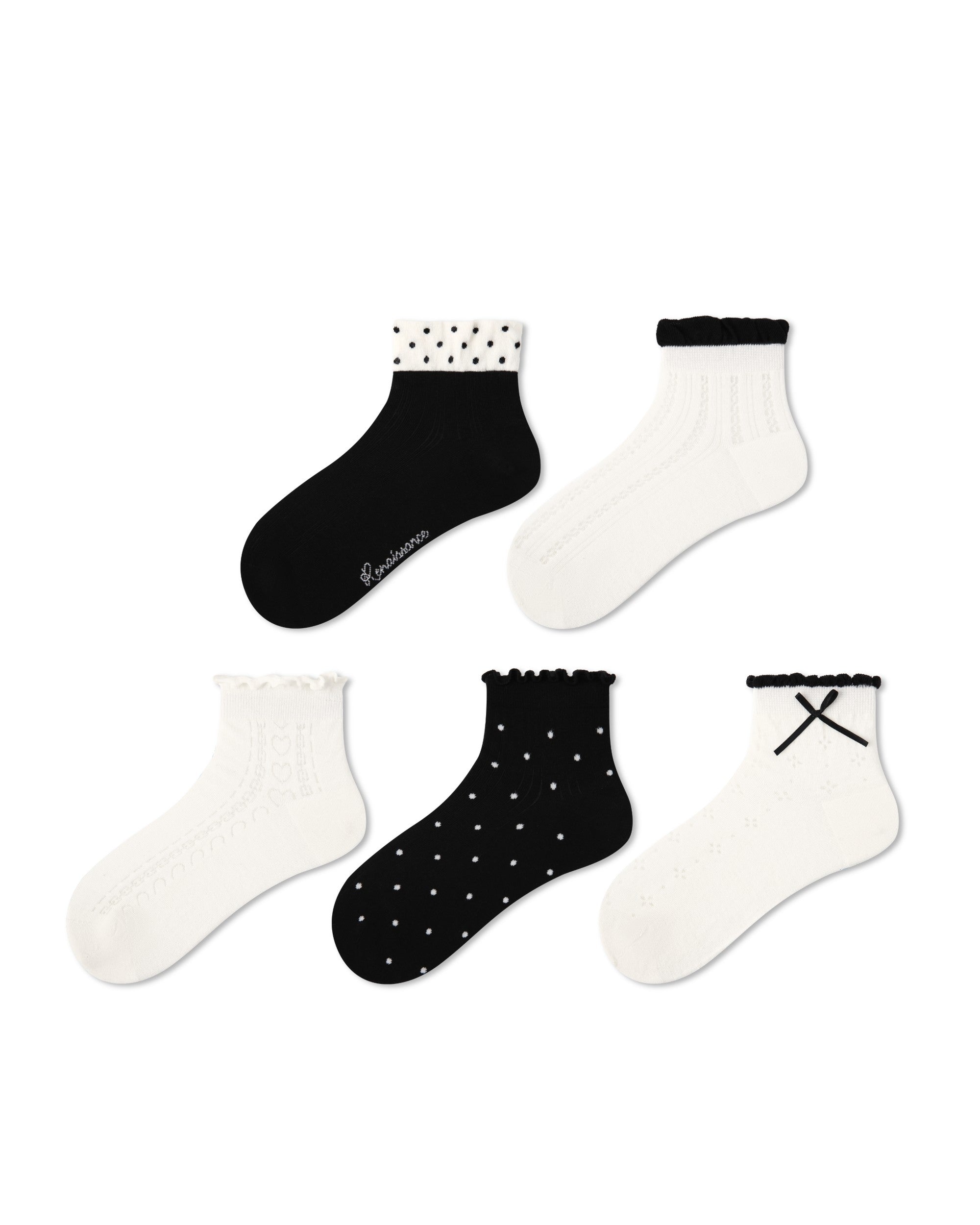 5 Pack Womens Ankle Socks Black White Ruffle Dot Cross Pattern Combed Cotton