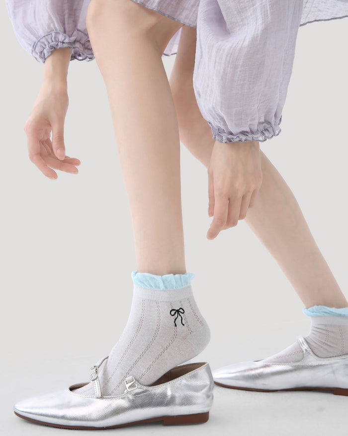 5 Pack Womens Ankle Socks Blue White Ruffle Dot Stripe Pattern Combed Cotton