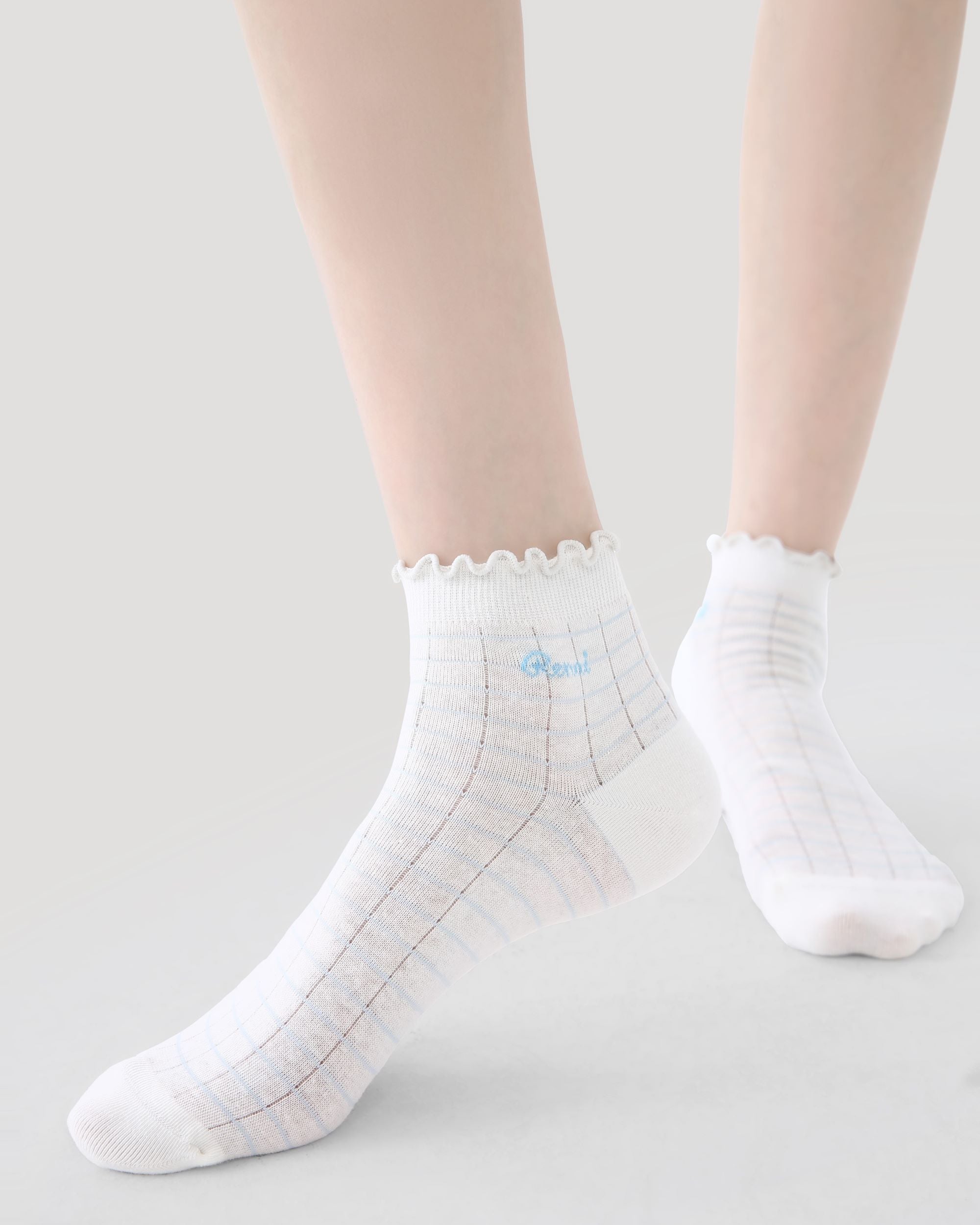 5 Pack Womens Ankle Socks Blue White Ruffle Dot Stripe Pattern Combed Cotton