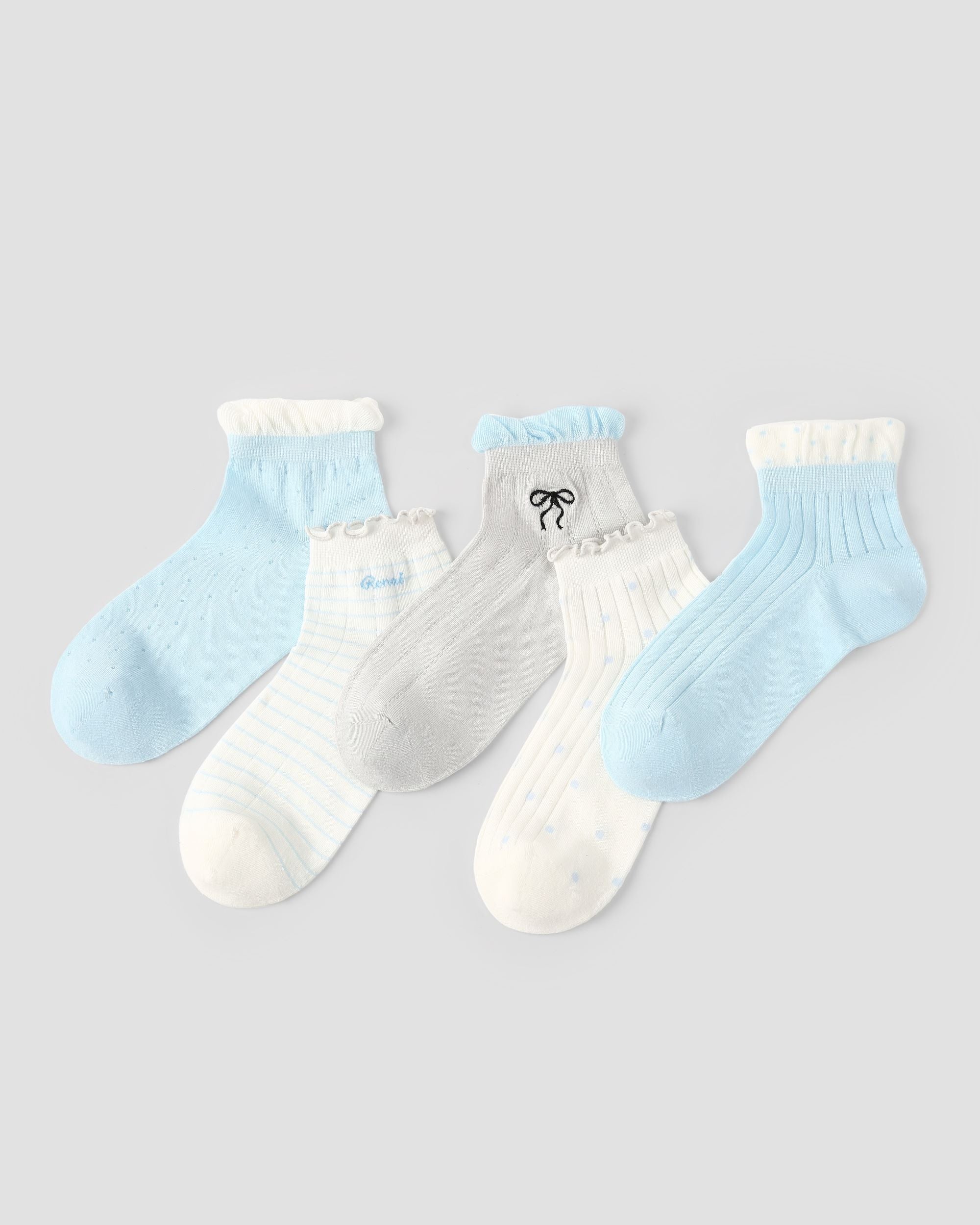 5 Pack Womens Ankle Socks Blue White Ruffle Dot Stripe Pattern Combed Cotton