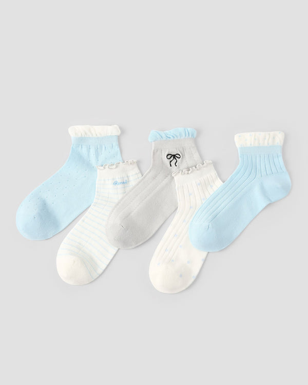 5 Pack Womens Ankle Socks Blue White Ruffle Dot Stripe Pattern Combed Cotton