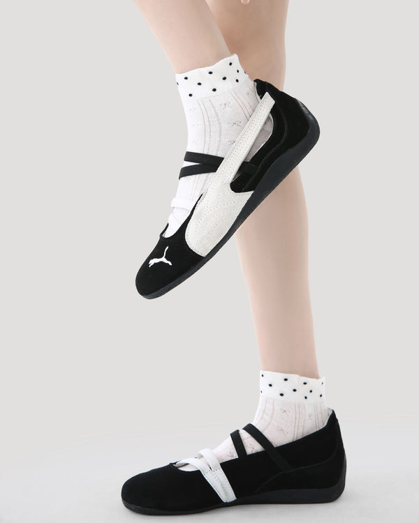 5 Pack Womens Ankle Socks Pure White Ruffle Pearl Dot Pattern Combed Cotton