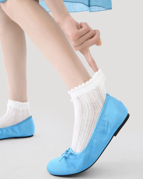 5 Pack Womens Ankle Socks Pure White Ruffle Pearl Dot Pattern Combed Cotton