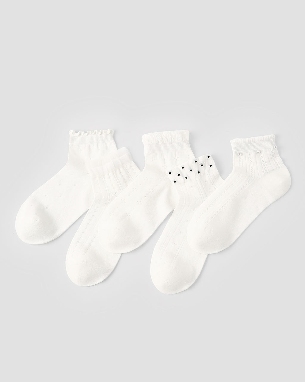 5 Pack Womens Ankle Socks Pure White Ruffle Pearl Dot Pattern Combed Cotton