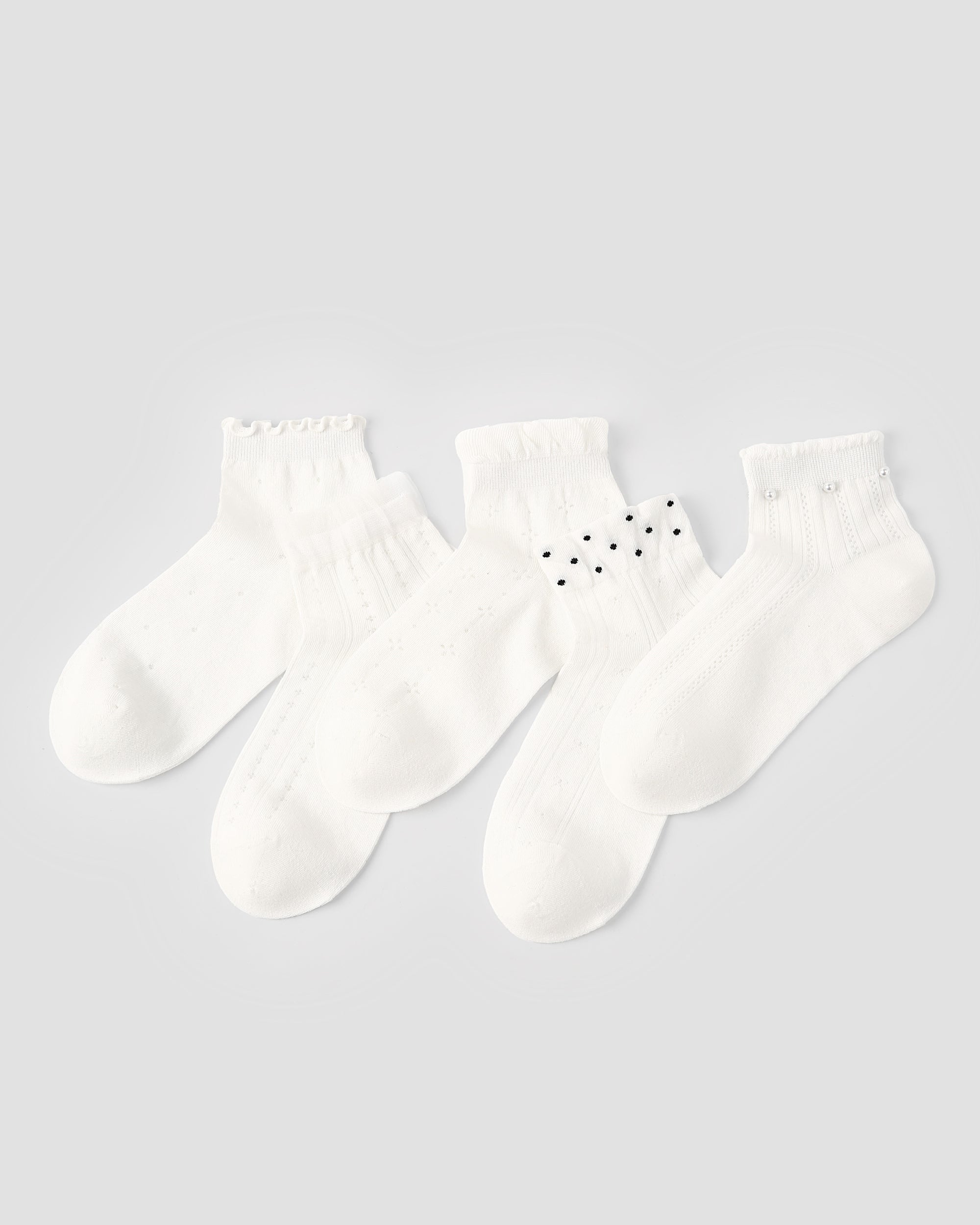 5 Pack Womens Ankle Socks Pure White Ruffle Pearl Dot Pattern Combed Cotton