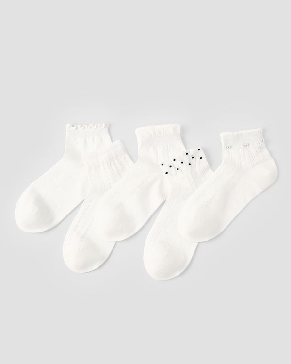 5 Pack Womens Ankle Socks Pure White Ruffle Pearl Dot Pattern Combed Cotton
