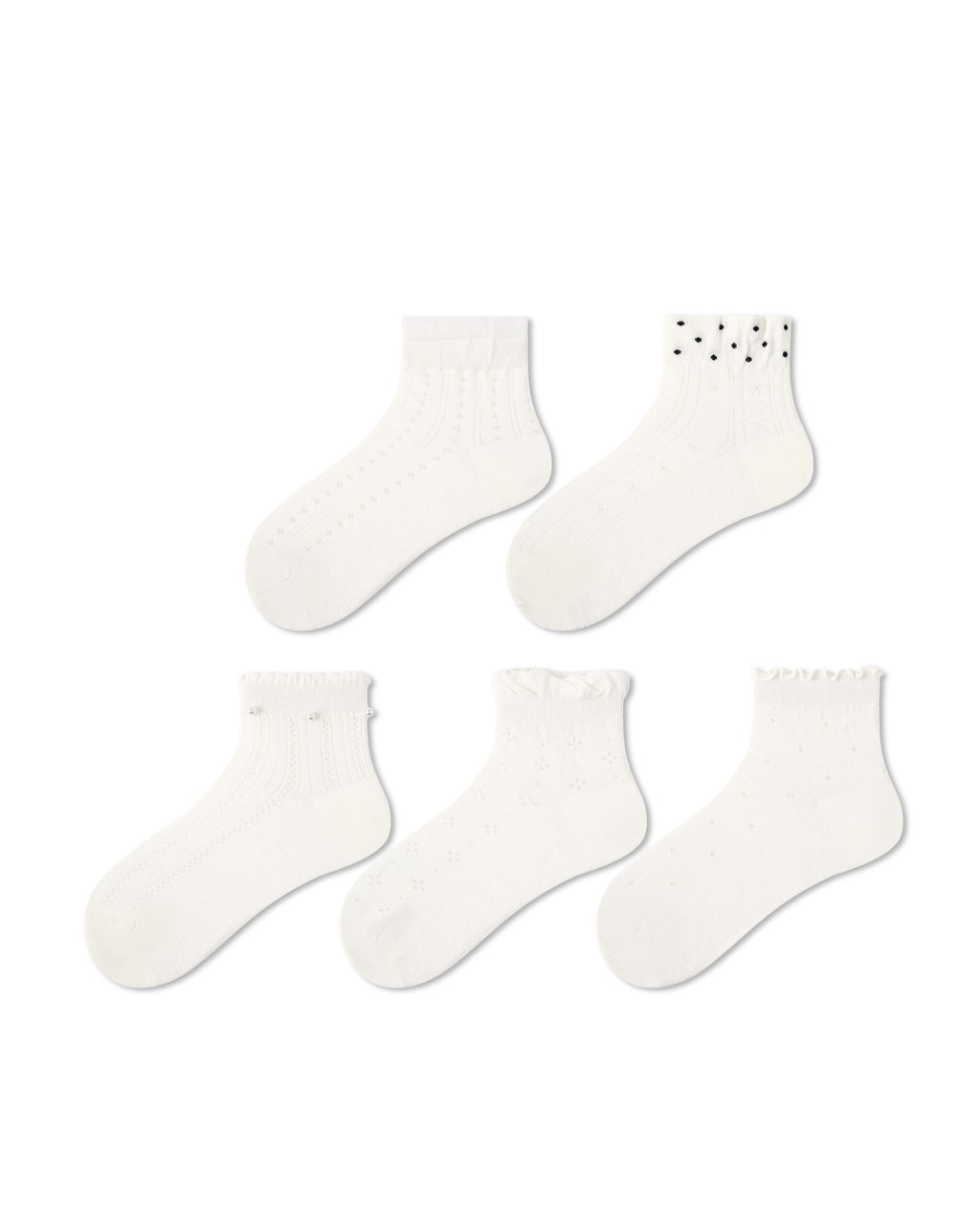 5 Pack Womens Ankle Socks Pure White Ruffle Pearl Dot Pattern Combed Cotton