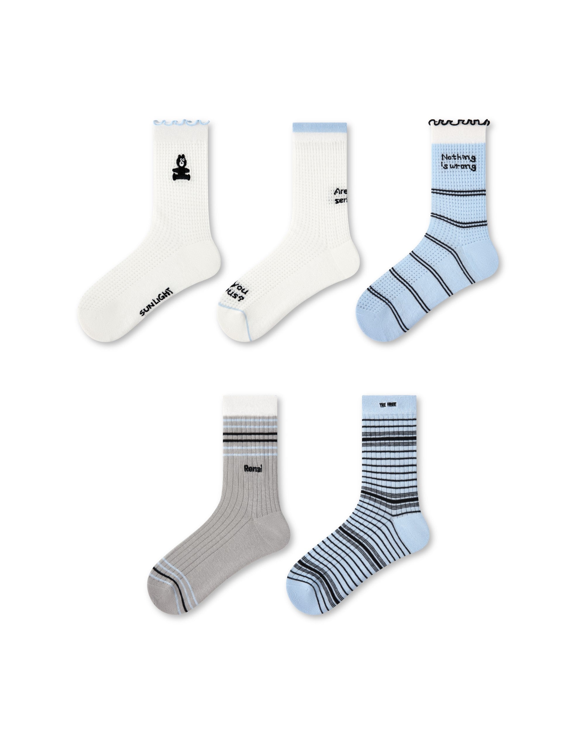 5 Pack Womens Crew Socks Blue Gray Wave Pattern Casual Everyday