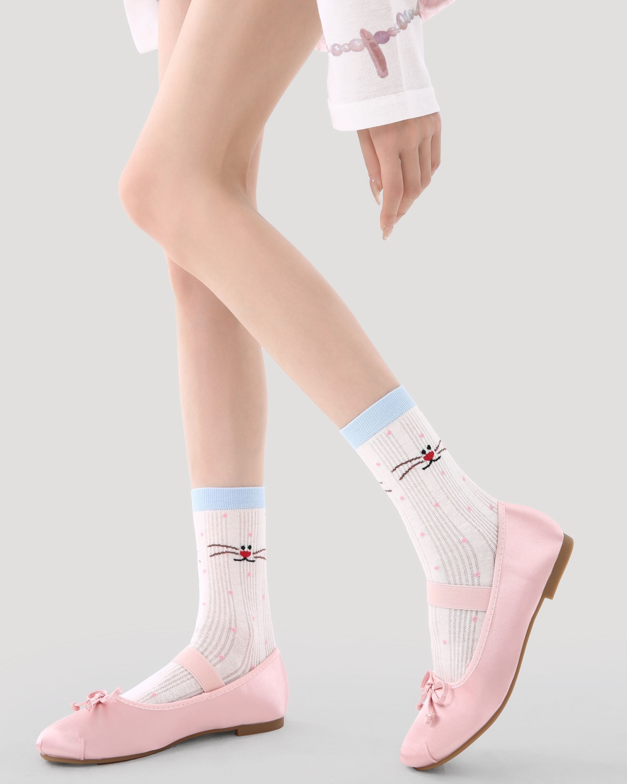 5 Pack Womens Crew Socks Blue Rabbit Post Polka Dot Lace Cute Socks