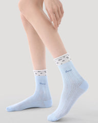 5 Pack Womens Crew Socks Blue Rabbit Post Polka Dot Lace Cute Socks