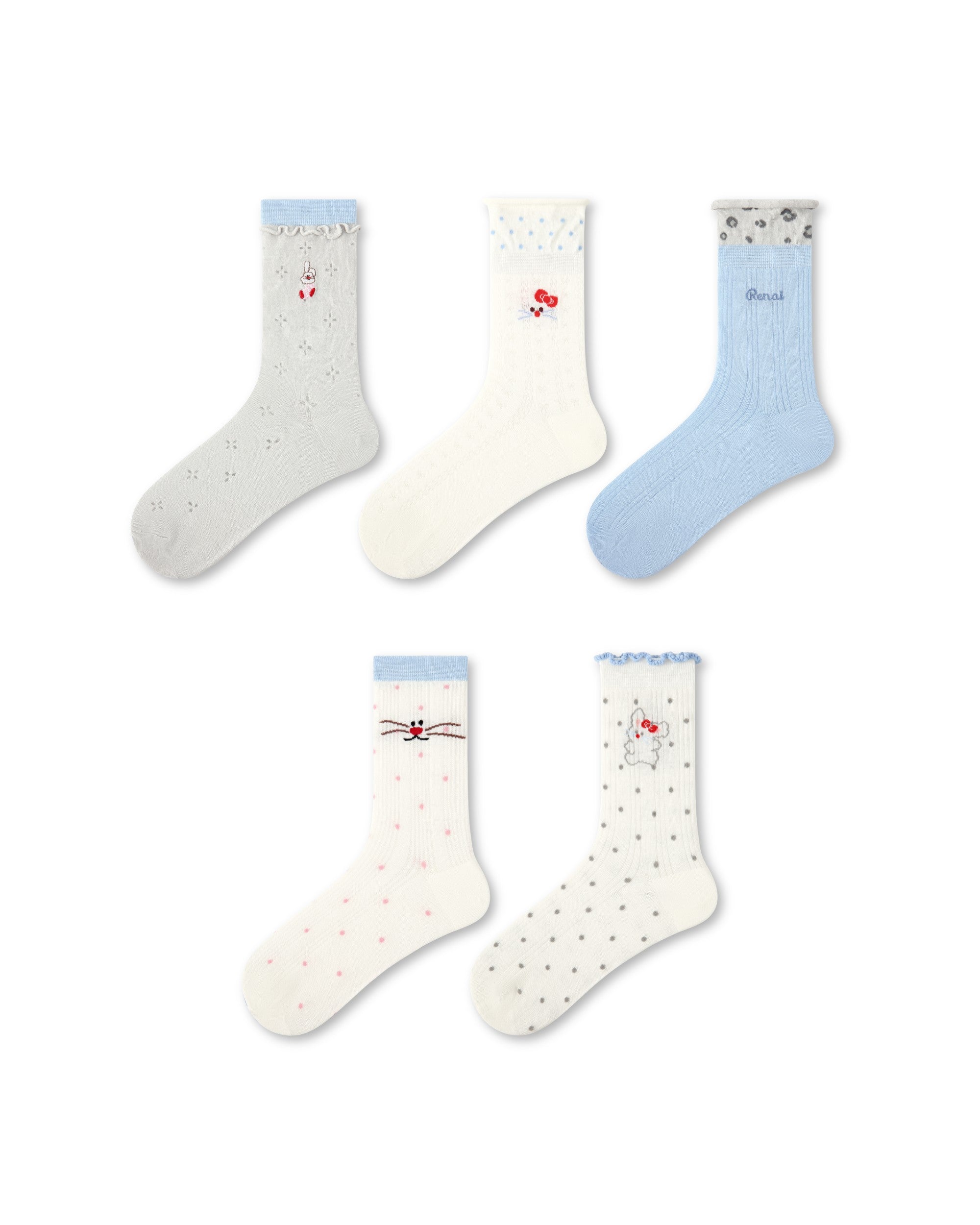5 Pack Womens Crew Socks Blue Rabbit Post Polka Dot Lace Cute Socks