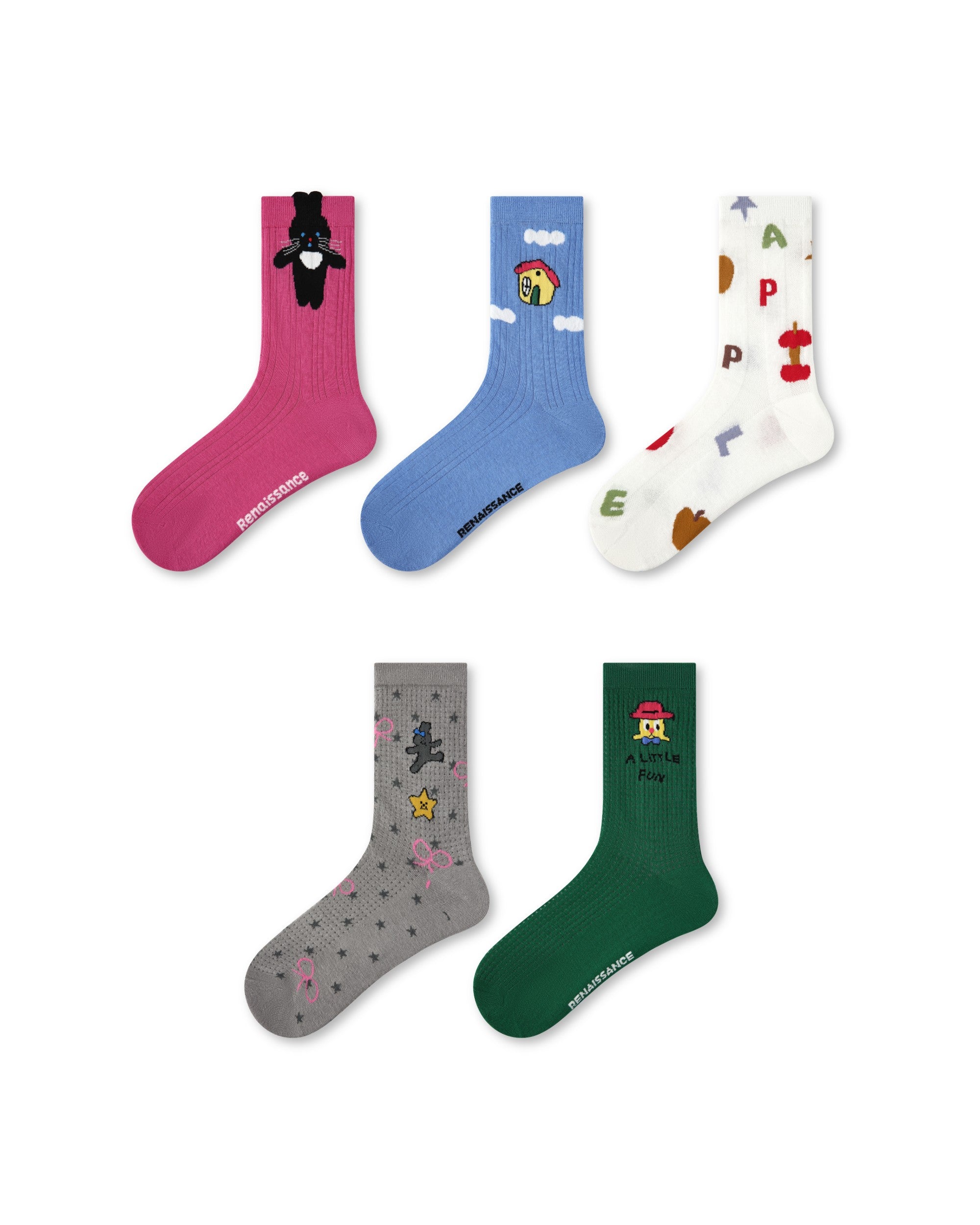 5 Pack Womens Crew Socks Fluffy Bunny Star Isle Pattern Fun Socks - SWEET NANA