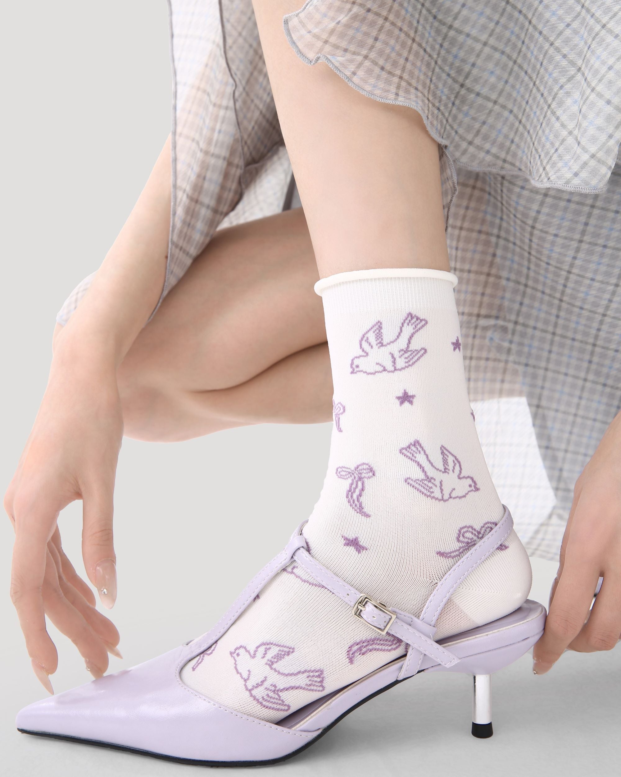 5 Pack Womens Crew Socks Grape Star Island Bow Bird Pattern Cute