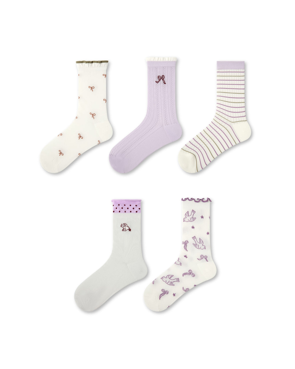 5 Pack Womens Crew Socks Grape Star Island Bow Bird Pattern Cute