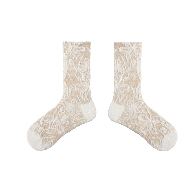 Women Ballet Cotton Crew Socks Floral Relief Elegant Ladylike Thick Warm