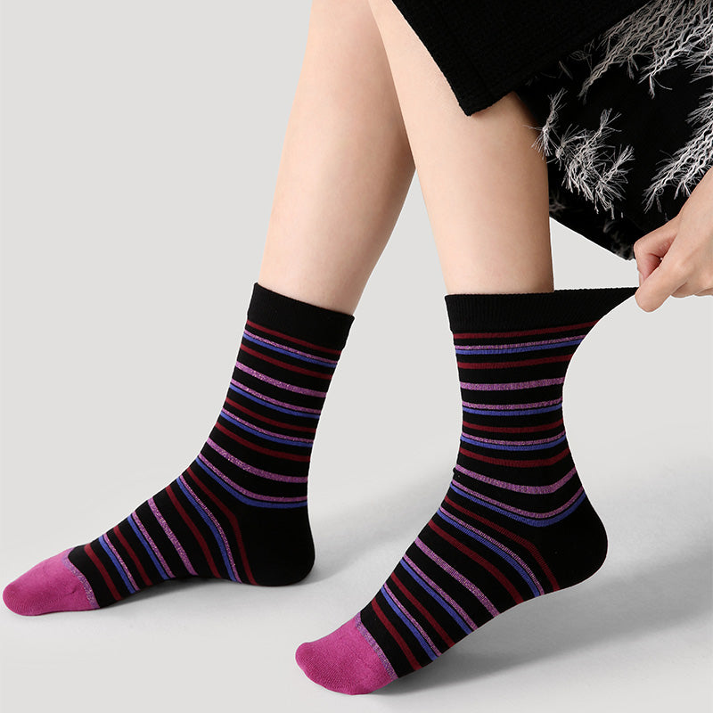 Women Cotton Crew Socks Horizontal Stripe Cozy Warm Trendy Style