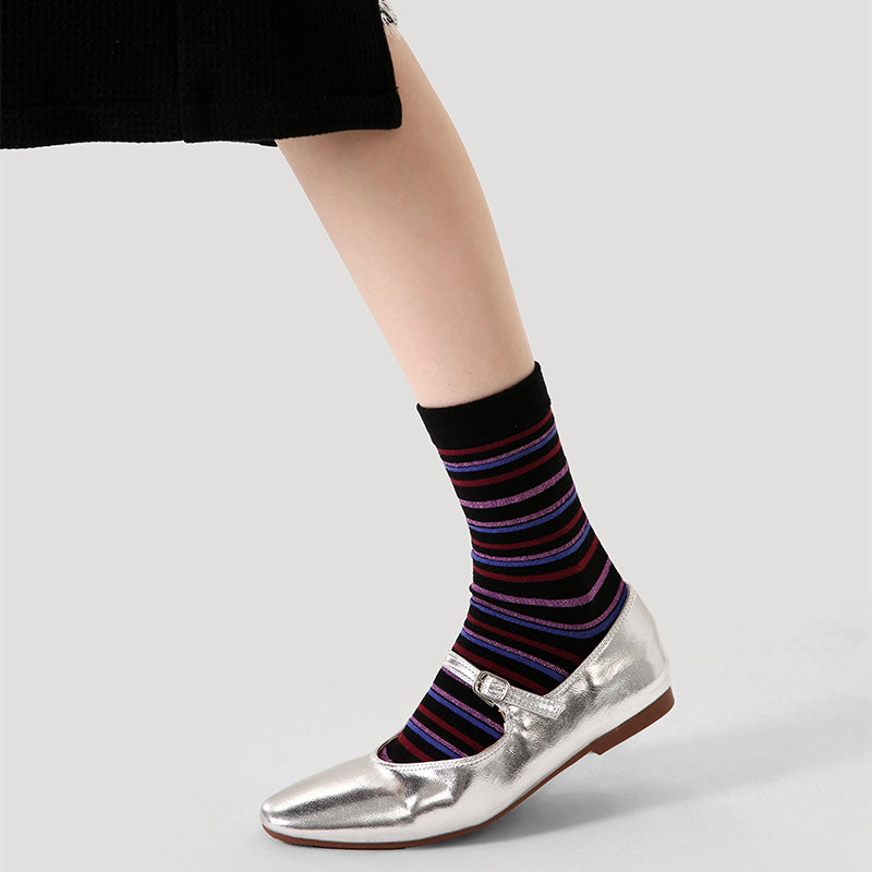 Women Cotton Crew Socks Horizontal Stripe Cozy Warm Trendy Style