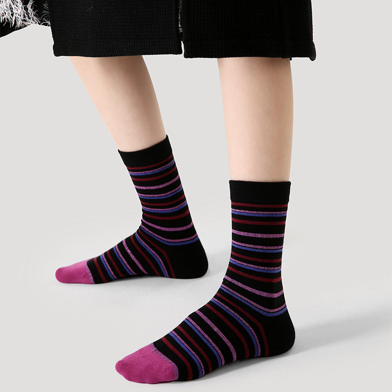 Women Cotton Crew Socks Horizontal Stripe Cozy Warm Trendy Style
