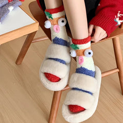 Sweetnana 3팩 크리스마스 튜브 크루 양말 여성용, 두꺼운 포근한 플러시 양말, 매우 부드러운 미끄럼 방지 라운지웨어, 귀엽고 축제 분위기의 홀리데이용