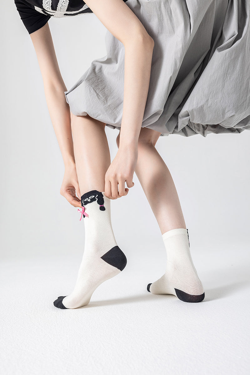 3-Pack Women Cotton Crew Socks Black&White Cute Casual - SWEET NANA