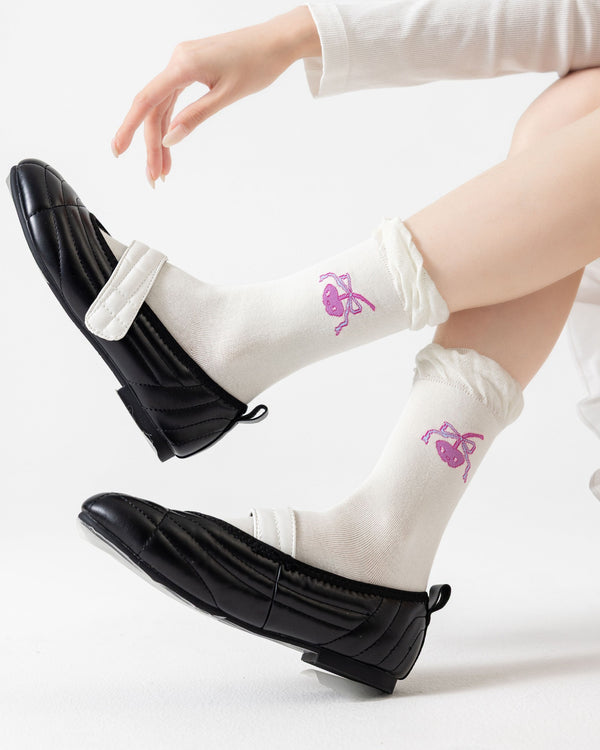 リボン付きチェリー柄フリルコットンクルーソックス