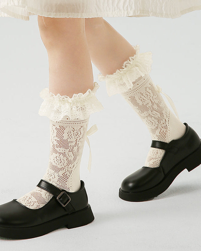 Children Lace Cuff Crew Socks Hollow Pattern Heel Bow Mesh Thin Breathable