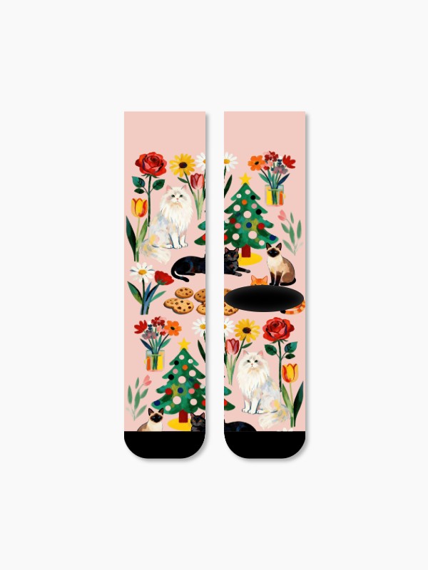 Christmas Cats & Dogs Crew Socks Cute Floral Holiday Puppy Kitten Socks