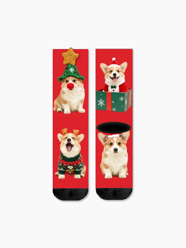 クリスマス コーギー クルー ソックス 3Dスター フェスティブ ホリデー キュートな犬 ソックス
