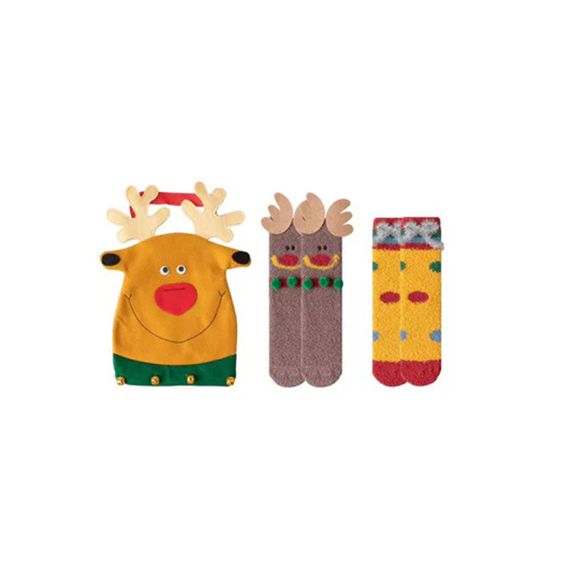 Sweetnana クリスマスチューブクルーソックス 2パックギフトバッグ入り、女性と子供用の快適でかわいい厚手のふわふわ滑り止めスリッパソックス、ホリデーギフトに最適
