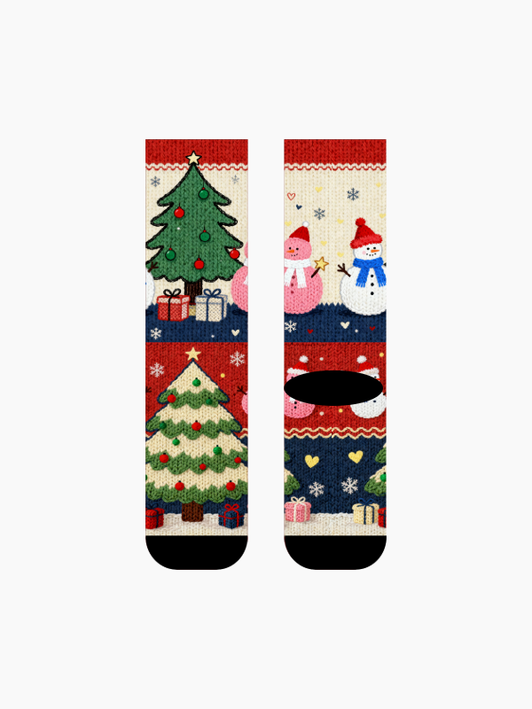 クリスマスデジタルプリントクルーソックス ジンジャーブレッド＆ニット風ツリー スノーマン