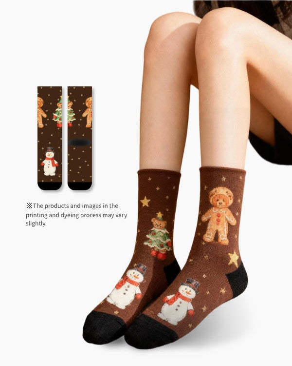 Christmas Gingerbread & Snowman Crew Socks Cute Chocolate Holiday Socks